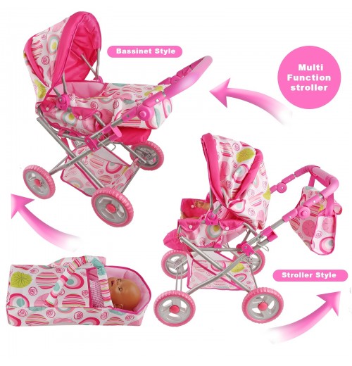 Baby Doll Stroller Set With 2 Free Doll Carriage Bags Fits Dolls Up To 18 Inches - The First Foldable Baby Pram Toy With Adjustable Handle And Canopy - Girls Birthday Gift