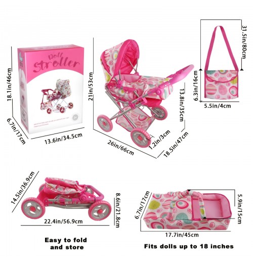 Baby Doll Stroller Set With 2 Free Doll Carriage Bags Fits Dolls Up To 18 Inches - The First Foldable Baby Pram Toy With Adjustable Handle And Canopy - Girls Birthday Gift